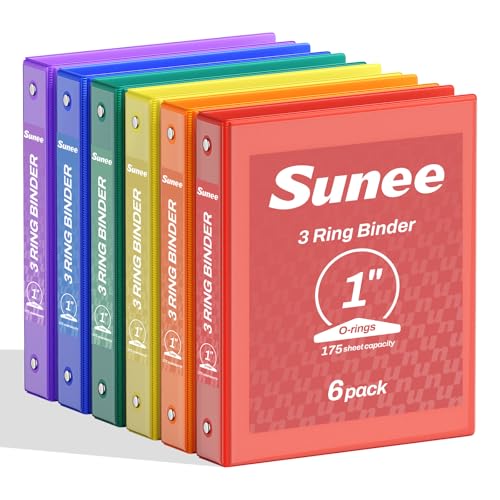 SUNEE 1 Inch Binders 3 Ring 6 Pack, Clear View Three Ring Binders PVC-Free (Fit 8.5x11 Inches) for School Binder or Office Binder Supplies, Classic 6 Colors - color: Classic Assortment, size: 1 Inch