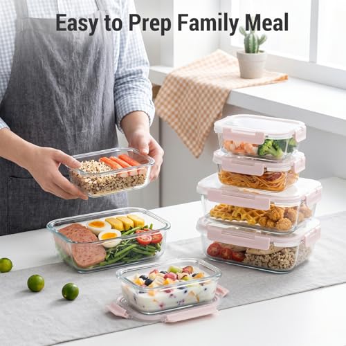 Dealusy 10 Sets (20-Piece) 36 oz & 12 oz Glass Food Storage Containers with lids, Airtight Leak-proof Glass Meal Prep Containers with Lids, Microwave Oven Freezer Dishwasher Safe, Pink - color: Pink