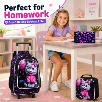 WZLVO 3PCS Wheeled Backpack, 18" Sparkling Cat Print Girls Rolling Backpack, Includes Matching Lunch Bag & Pencil Bag - Cat in Pink Dress (Purple) - color: 3PCS Girls Rolling Backpack - Cat in Pink Dress
