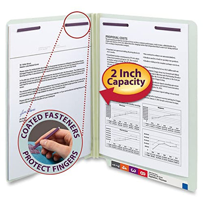 Smead End Tab Pressboard Fastener File Folder with SafeSHIELD, 2 Fasteners, 2" Expansion, Letter Size, Gray, Green, 25 Count, 34715 - size: 2" Expansion