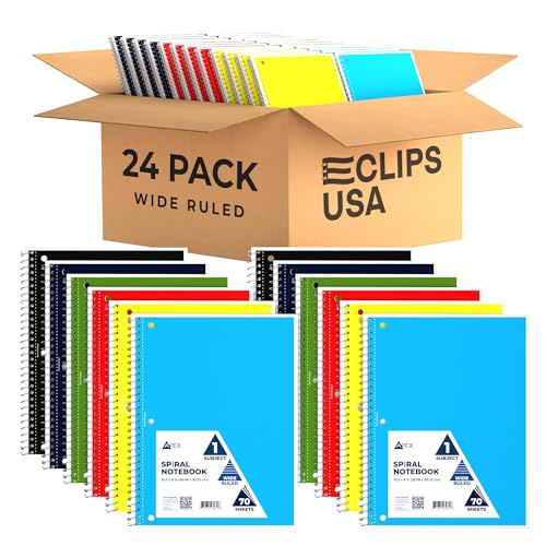 E-CLIPS USA Wide College Ruled Spiral Notebooks Bulk Spiral Bound Notebooks for Work 1 Subject Notebook 6 Color Assortment 3 Hole Perforated 70 Sheets 140 pages 10.5" x 8" (24 pack) - size: 24 Pack, style: Wide Ruled