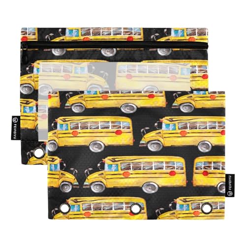 Watercolor Yellow School Bus Binder Pencil Pouch 3 Ring Clear Pouches with Zipper Pen Organizer for Office College School, 2 Pack - color: Multi-watercolor Yellow School Bus
