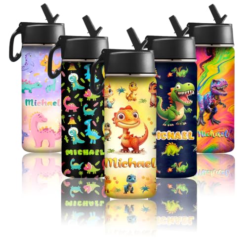 Custom Name Water Bottles for Kids,Personalized Cute Dinosaur Stainless Steel Sports Water Bottles with Straw-Double Wall Insulated Customized Gifts for Boys Girls Women Men Friends School Sports - color: New Color 22