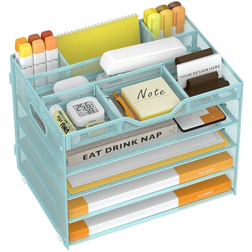 5 Tier Paper Letter Tray with 3 Drop-in Pen Holders, Mesh Desk File Organizer with Handle, Desk Organizers and Accessories for School,Home, Office Supplies Storage-Blue - color: 5 Tier-Blue, size: 12.5" x 9.1" x 10.3"