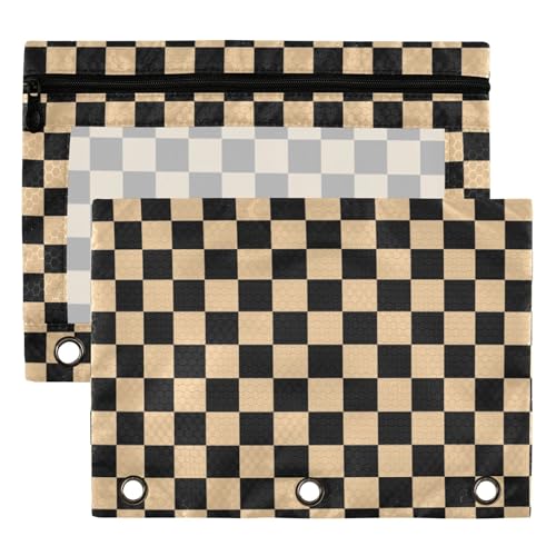 Black Chessboard Binder Pouches 3 Ring for Boys Girls School Office College Supplies Brown Buffalo Plaid Wood Color Pencil Pouches Case Bag with Clear Window and Zipper 2 Pack - color: Brown