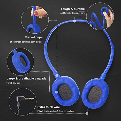 Flutesan 30 Pack Wired Headphones, Adjustable On Ear Headphones with Stereo, Earbuds for Schools, Laptop, Travel, Plane, Tablet - color: Blue