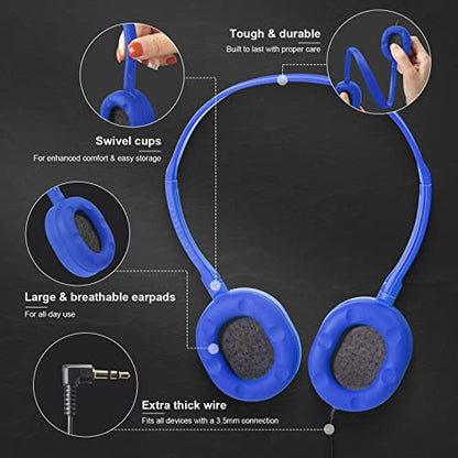 Flutesan 30 Pack Wired Headphones, Adjustable On Ear Headphones with Stereo, Earbuds for Schools, Laptop, Travel, Plane, Tablet - color: Blue