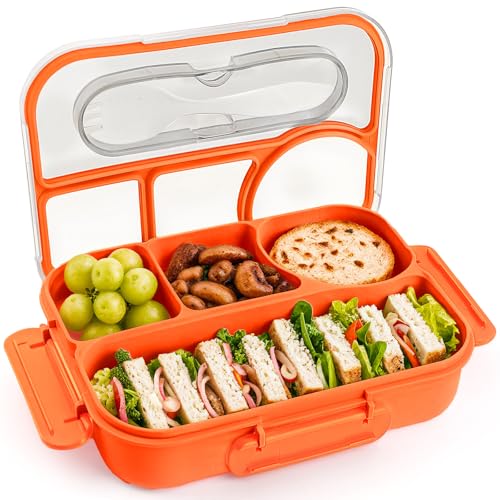 EASYFUN Bento Box Adult, Lunch Box, 4-Compartment Lunch Containers, Drop-Proof, Dishwasher Safe & Made with BPA-Free Materials (Orange) - color: Orange
