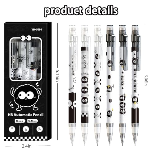 6Pcs Black Cute Mechanical Pencils with Eraser 0.5mm Kawaii Cartoon Mechanical Pencil School Pencil Gifts for Women Man - style: 1 kawaii