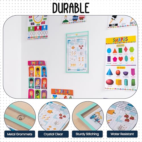 Essex Wares - 6 Pack, Seafoam, Durable Water-Resistant Dry Erase Pocket Document Protectors, 10" Wide x 13.5" Tall - Dry Erase Clear Plastic Sleeves - Reusable & Easy Erase Plastic Invoice Holders - color: Seafoam