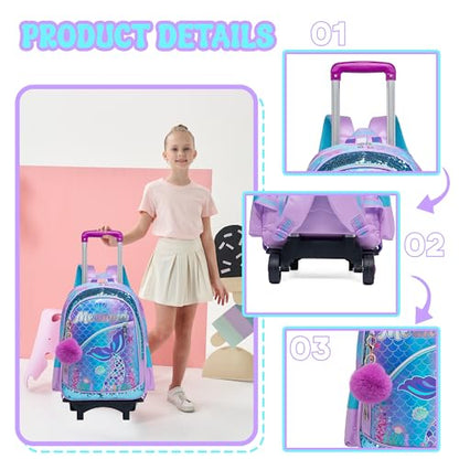 Meetbelify Girls Cute Backpack with Wheels for Elementary Students Kids Black Travel Luggage - color: Blue Mermaid