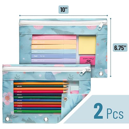 Mr. Pen- Pencil Pouch for 3 Ring Binder, 2 Pack, 10"x6.75", Smooth Zipper | Clear Window, Large Capacity Pencil Case with 3 Reinforced Grommets for School, Office, Supplies Storage | Clear Window, Large Capacity Pencil Case with 3 Reinforced Grommets for