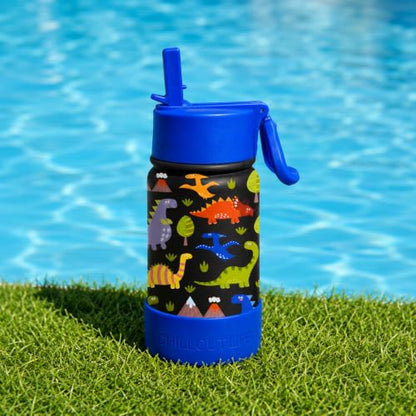 CHILLOUT LIFE 12oz Kids Insulated Stainless Steel Water Bottle with Leak Proof Straw Lid & 144 Stickers - color: Dinosaur, style: 12 oz