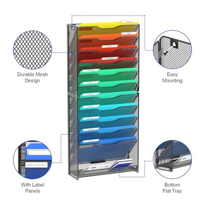 samstar 12 Tier Wall File Organizer, Hanging Wall Mount File Holder Paper Folder Mail Organizer, Mesh Metal, Black. - color: Black 12 Tier 1 Pack