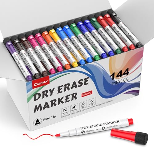 Comix Magnetic Dry Erase Markers, 12 Color, 4 Sets of 36 Marker, 144 Marker | Fine Tip, Value Pack, Low Odor, with Eraser Cap, Easy to erase, Suitable for Classroom, Teachers, Office, School Supplies - color: 12 Colors Bulk