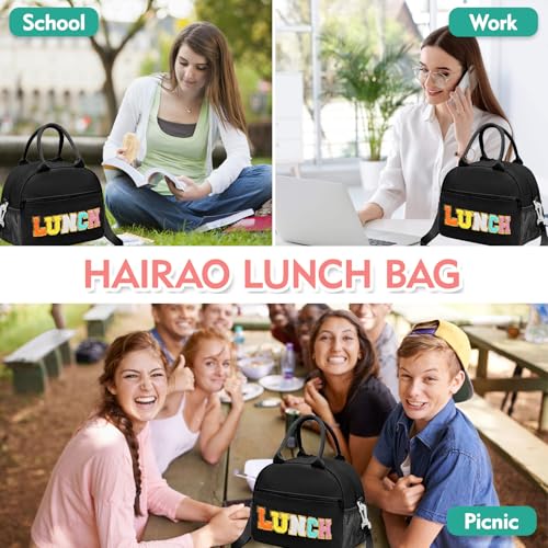 Lunch Bag for Girls and Women, Cute Preppy Lunch Bag with Chenille Letters, Insulated Large Capacity Lunch Tote with Detachable Strap for School, Work & Picnic, Black - color: Black
