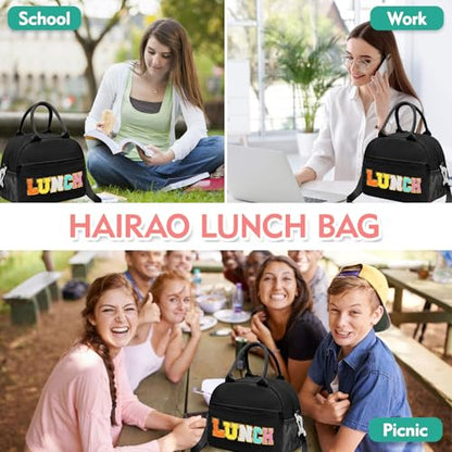 Lunch Bag for Girls and Women, Cute Preppy Lunch Bag with Chenille Letters, Insulated Large Capacity Lunch Tote with Detachable Strap for School, Work & Picnic, Black - color: Black