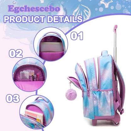 Kids Rolling Backpack for Girls Trolley Suitcases Luggage Travel with Wheels Bookbag Wheeled 17" 3PCS Roller Backpacks Toddler Back Pack School Bags Set for Elementary Mermaids Sky Blue - color: 5225-yuweiba-sky Blue