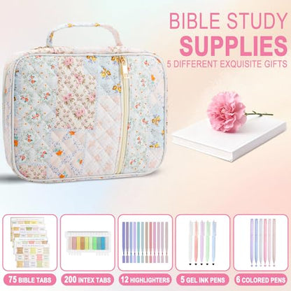 Bible Cover Case Study Supplies for Women Gifts Large Bible Cover with Highlighters Pens Tabs Cute Quilted Carrying Case Christian Journal Kit Accessories Christian Gifts Sticky Notes A - color: Bc-bible cover case with highlighters pens tabs