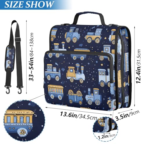 Fisyme Trains Cute Blue Zipper Binder 3 Ring with Zipper and Shoulder Strap Large Capacity Multi-Pocket Binder Organizer - color: Multi-cartoon Blue