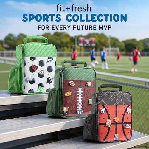 Fit & Fresh Customizable Charm Lunch Bag for Boys & Girls, Basketball Kids Lunch Box with 6 Sports Charms, Premium Insulated Reusable Lunch Tote for School - color: Midnight Hoops
