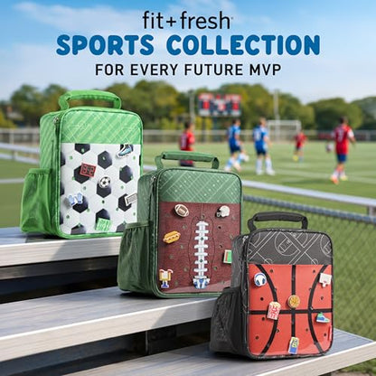 Fit & Fresh Customizable Charm Lunch Bag for Boys & Girls, Soccer Kids Lunch Box with 6 Sports Charms, Premium Insulated Reusable Lunch Tote for School - color: Pitch Break Soccer