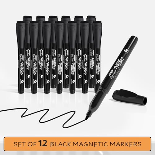 Scribbledo 12 Pack Magnetic Dry Erase Markers Black Fine Tip Whiteboard Markers with Eraser Cap Thin Low Odor Skinny White Board Markers for Adults Students Teachers Art Home School & Office - style: 12 Pack
