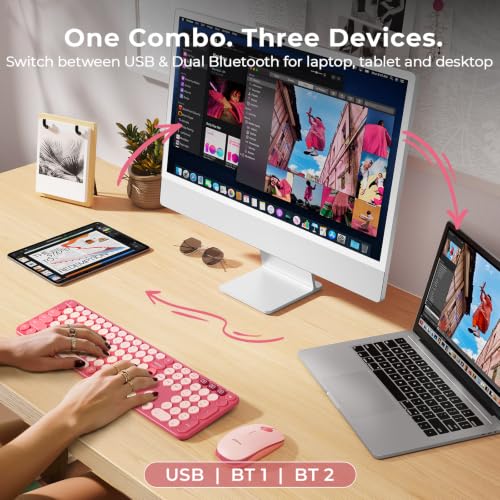 seenda Wireless Bluetooth Keyboard Mouse Combo, COE202 Retro Cute Round Keyboard, Silent Mouse, 3 Multi-Device Connection, Full Size Compatible for PC/Laptop/Mac/MacBook/iPad/Tablet, Pink - color: Pink