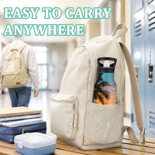 Water Bottles with Straw,Beach Sunset Stainless Steel Cup Leak Resistant Double Wall Palm Trees Insulated Water Bottle with Handle for Gym Cycling Hiking Office 20 oz - color: Beach Sunset,Palm Trees