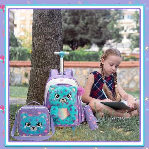 Meetbelify Rolling Backpack for Girls 3D Carton Backpack with Wheels for Elementary Student Kids Plush School Bag with Lunch Box Pencil Case for Girls Ages 6-8 Years Old - color: Blue