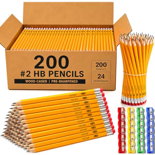 Pre-Sharpened Pencils Bulk Wood-Cased #2 HB Pencils 200 Count 24 Sharpeners | Pencils Bulk, Classroom Use, Back to School Supplies, Writing Drawing Sketching, Yellow #2 HB Pencils with Erasers in Box