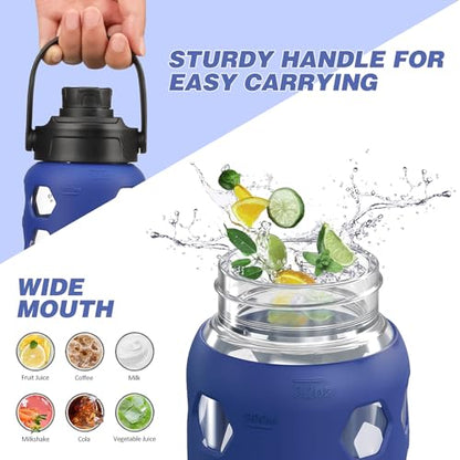 MUKOKO Glass Water Bottle, 32oz, Blue | Glass Tumbler with Straw, Drinking Bottles with 2 Lids-Handle Spout Lid & Bamboo Straw Lid, Silicone Sleeve, 1 Pack - color: Bule, size: 32 Ounces