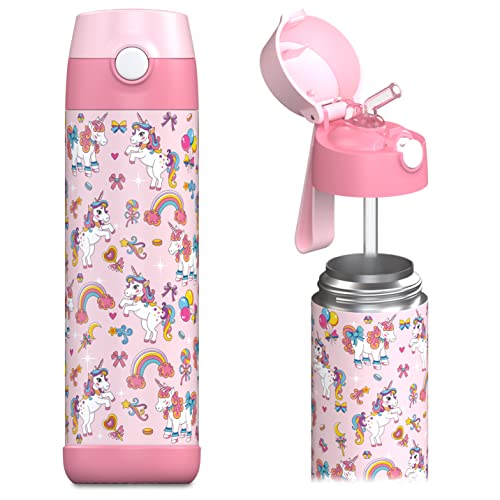 Jarlson® Kids Water Bottle CHARLI [18OZ] - Stainless Steel Thermo Bottle with Straw - Insulated, Spill Proof Waterbottle for School & Sports - Thermo Tumbler for Boys & Girls (Unicorn) - color: Unicorn 'Mosaic', size: 18 Ounces