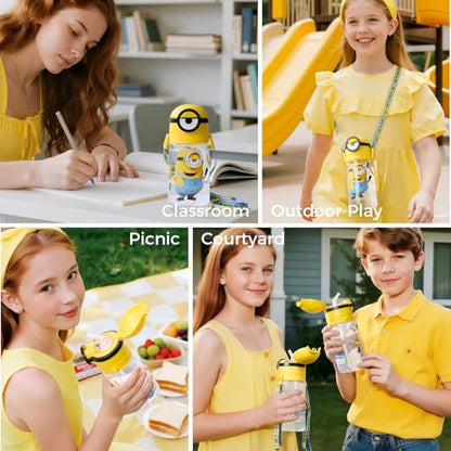 MINISO Minions Insulated Water Bottle with Straw 20 oz Travel Tumbler with Lid Holder Compatible Cup BPA-Free Bottle with Strap for Boys Girls and Kids School Office Home
