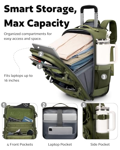 AUROTIER Rolling Tactical Laptop Backpack, Underseat Travel Backpack with Wheels, 16 Inch Wheeled Computer Backpack for Men and Women, Roller Overnight Molle Outdoor Hiking College Carry on Luggage - color: Green
