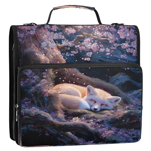 3 Ring Zipper Binder Fox Cherry Blossom Tree Binders Bag with Shoulder Strap 500 Sheets Paper Organizer Trapper Keeper Documents Storage File Folder for School Office - color: A2391