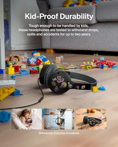 Belkin SoundForm Mini Kids Wired Headphones w/USB C to 3.5mm Dongle, Built-in Mic & Fun Stickers, 85dB Max Volume – for Online Learning, Travel, Compatible w/iPhone 16, iPad, Galaxy S25, etc - Black - color: Black, style: Wired (USB-C)