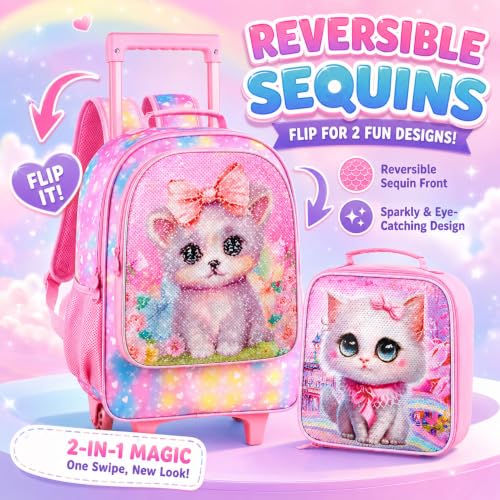 CCJPX 3PCS Rolling Backpack for Girls, Kids Cat Roller Wheels School Bookbag with Lunch Bag, Wheeled School Bag for Toddler Elementary Children - color: Pink Cat