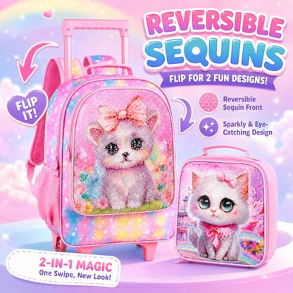 CCJPX 3PCS Rolling Backpack for Girls, Kids Cat Roller Wheels School Bookbag with Lunch Bag, Wheeled School Bag for Toddler Elementary Children - color: Pink Cat