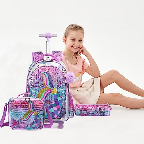 Meetbelify Mermaid Backpack with Wheels for Girls Rolling Backpack for Elementary Student Kids School Bag with Wheels Travel Luggage for Girls Age 6-8 - color: Mermaid Gold Love