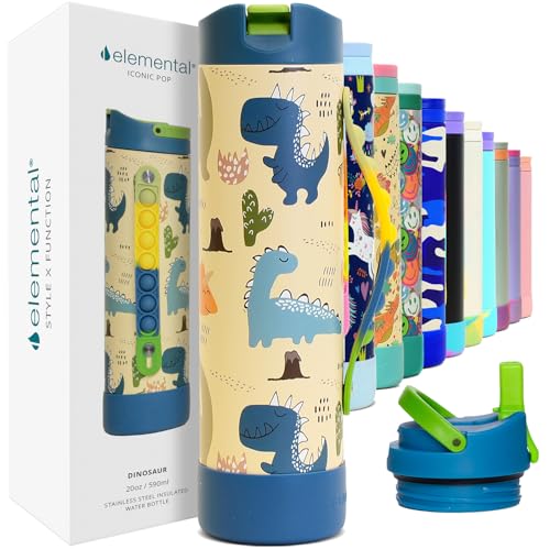 Elemental Iconic Kids Water Bottle for School - 100% Leak-Proof Insulated Water Bottles with Straw Lid & Pop-It Handle for Boys & Girls - Triple-Wall Insulated & BPA-Free, 20oz – Dinosaur - color: Dinosaur, size: 20 Ounces