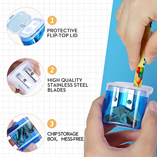 Shemira 60 Pack Pencil Sharpeners Bulk, Manual Pencil Sharpener for Kids, Double Hole Handheld Portable Pencil Sharpener, Great for School Classroom Supplies, Office, Home, 4 Colors