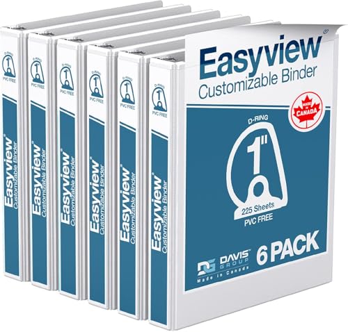 EasyView Premium 1-Inch Binders with Clear-View Covers, 3-Ring Binders for School, Office, or Home, Colored Binder Notebooks, Pack of 6, D Ring, White - color: White, size: 1 Inch, style: Pack of 6