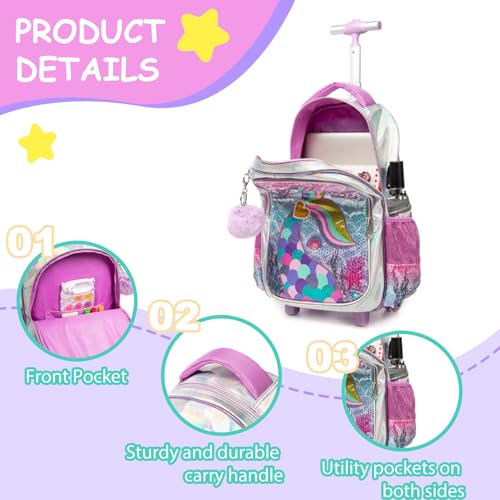 Kids Rolling Mermaids Backpack for Girls Sequins Trolley Suitcases Luggage Travel with Wheels Bookbag Wheeled 17" Roller Backpacks Toddler Back Pack School Bags for Elementary Golden Heart - color: 5416-meirenyu-golden