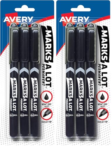 AVERY Marks-A-Lot Permanent Markers, Pen-Style Size, Bullet Tip, Water and Wear Resistant, 3 Black Markers (29837) (Pack of 2) - size: 1 Count (Pack of 2)