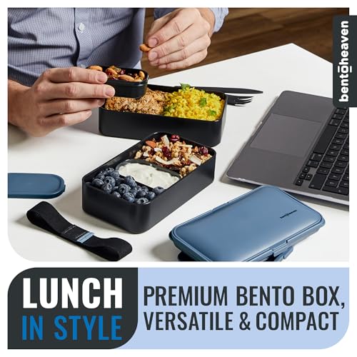 Bentoheaven Bento Box Adult, Stackable Lunch Box, 40 oz, Steel My Heart | BPA-free, leakproof and microwave-safe with 2 compartments, utensils, chopsticks, divider and sauce cup for men and women. - color: Steel My Heart