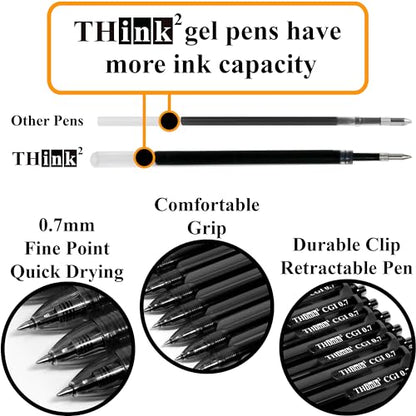 [24 Pens - Black Ink] Think2 0.7mm CGI Retractable Gel Pens. (24 Black) Medium Point Rollerball Pens with Smooth Quick Drying Ink. - color: Black