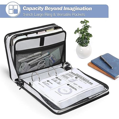 MoKo Zipper Binder with Strap, 3 Inch 3 O Ring, 600 Sheets, Blue & Gray | Water-repellent nylon with 2 folders, 2 mesh pockets and a outer pockets, reinforced handle and adjustable shoulder strap. - color: Blue