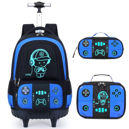 Bevalsa Rolling Backpack for Boys,Cool Luminous Gamer Roller School Backpacks with Lunch Box & Pencil Case,Kids Wheeled Schoolbag Bookbag with Wheels for Kindergarten Elementary School Travel - color: Blue