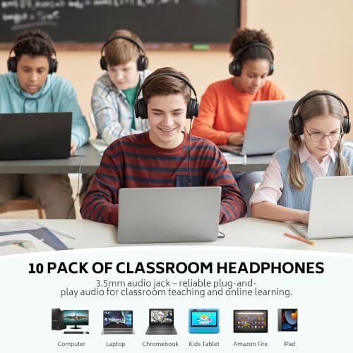 AILIHEN 10-Pack Kids Headphones with Microphone for Classroom, Black | K-12 School Students Use, Online Learning & Library, 3.5mm Jack, Durable, Foldable, Comfortable, Chromebook & Computer - color: Black